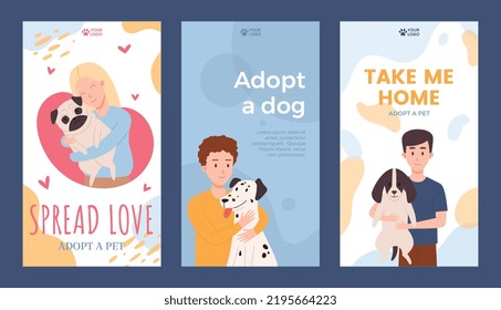 Set of flyers about adopting dog flat style, vector illustration isolated on blue background. Happy people holding and hugging pets, spread love, place for logo and text