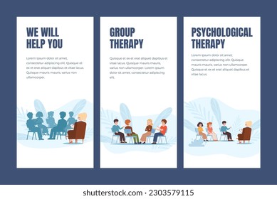 Set of flyers about group therapy flat style, vector illustration isolated on blue background. Decorative design elements collection, mental health, help and psychologist consultation