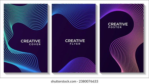 set of flyers with abstract dark background colorful lines