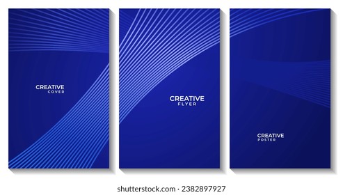 set of flyers with abstract dark blue background with dynamic glowing lines