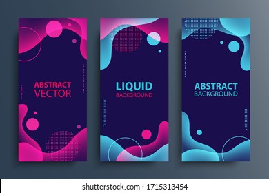 Set of flyers with abstract modern liquid soft forms and shapes, circles and dotted patterns. Fluid color gradient design elements collection. Vector illustration.