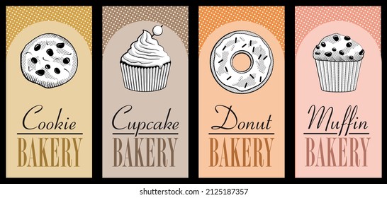 Set of flyers with American specialties sold in pastry: cookie, cupcake, donut, muffin - white drawings on pastel backgrounds. 