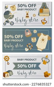Juego de volantes para la tienda de bebés. Ilustración vectorial para afiches, banner, volante, publicidad, promoción, comercial. Poligrafía de corte para folletos publicitarios de tiendas de bebés.Ilustración de etiquetas de precios.