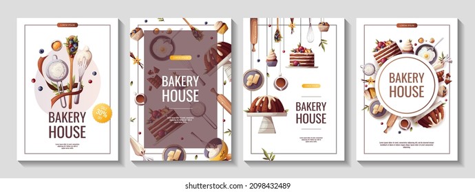 Set Of Flyers For Baking, Bakery Shop, Cooking, Sweet Products, Dessert, Pastry. A4 Vector Illustration For Poster, Banner, Cover, Flyer, Menu, Advertising.