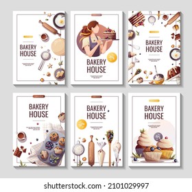 Set of flyers for baking, bakery shop, cooking, sweet products, dessert, pastry. A4 Vector illustration for poster, banner, cover, flyer, menu, advertising.