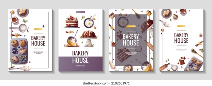 Set Of Flyers For Baking, Bakery Shop, Cooking, Sweet Products, Dessert, Pastry. A4 Vector Illustration For Poster, Banner, Cover, Flyer, Menu, Advertising.