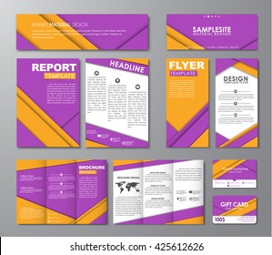 Set of flyers, banners, folding brochures, business cards, hats website and a gift card. the style of yellow-purple material design. Vector illustration