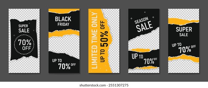 Set of flyers, banners made from torn black paper ad or announcement with place for photos.