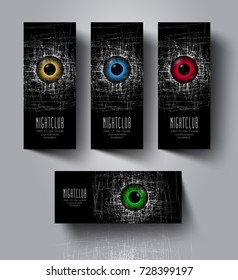 A set of flyers and banners for night club party. Eyes with scratches on a black background. Rollup advertising for electronic music festival.