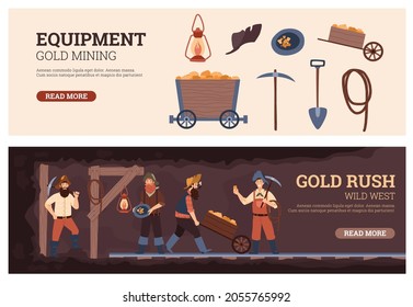 Set of flyers or banners on topic of gold mining with equipment and miners characters, flat cartoon vector illustration. Wild West gold rush thematic backdrops bundle.