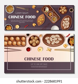 Set of flyers banners. Vector illustration of Chinese food and copy-space isolated on light and purple. Sale banner, poster, coupon, promotion, restaurant, menu, flyer concept.