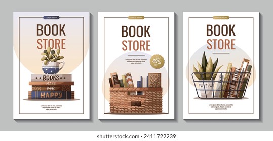 Set of flyers with basket of books, potted plant. Bookstore, bookshop, book lover, reading, interior concept. Vector illustration for advertising, banner, promo.