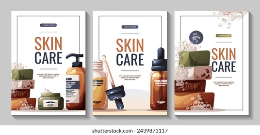 Set of flyers with beauty creams,  soap, serum. Beauty, skin care, hair care, cleansing, cosmetics concept. Vector illustration for banner, promo, poster.