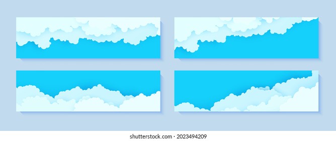 Set of flyers with blue sky and white clouds border in paper cut style. Collection of 3d papercut weather banners with top view cloudy sky. Vector card illustration of cloudscape pastel colors.