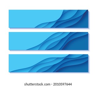 Conjunto de volantes con olas azules en estilo de corte de papel. Colección de tres carteles vacíos de arte en papel para el medio ambiente o el Día Mundial del Agua. Plantilla de afiche publicitario de vectores para el Día de Salvar los Océanos 8 de junio