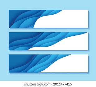 Set of flyers with blue waves in paper cut style. Collection of three papercut art empty banners for environment or World Water day. Vector advertising poster template for Save the Oceans day 8 june