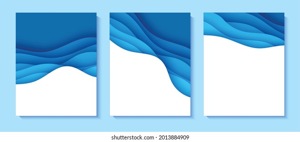 Set of flyers with blue waves in paper cut style. Collection of three papercut art empty banners for environment or World Water day. Vector advertising poster template for Save the Oceans day 8 june