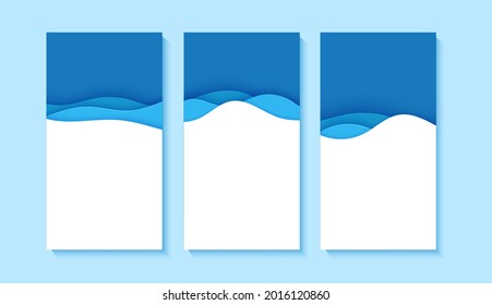 Set of flyers with blue waves in paper cut style. Collection of three papercut art empty banners for environment or World Water day. Vector advertising poster template for Save the Oceans day 8 june