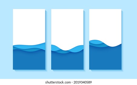 Conjunto de volantes con olas azules en estilo de corte de papel. Colección de tres carteles vacíos de arte en papel para el medio ambiente o el Día Mundial del Agua. Plantilla de afiche publicitario de vectores para el Día de Salvar los Océanos 8 de junio