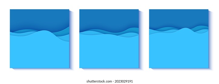 Set of flyers with blue waves in paper cut style. Collection of three papercut art empty banners for environment or World Water day. Vector advertising poster template for Save the Oceans day 8 june