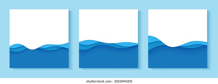 Set of flyers with blue waves in paper cut style. Collection of three papercut art empty banners for environment or World Water day. Vector advertising poster template for Save the Oceans day 8 june