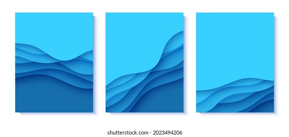 Set of flyers with blue waves in paper cut style. Collection of three papercut art empty banners for environment or World Water day. Vector advertising poster template for Save the Oceans day 8 june