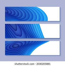 Set of flyers with blue waves in paper cut style. Collection of three papercut art empty banners for environment or World Water day. Vector advertising poster template for Save the Oceans day 8 june