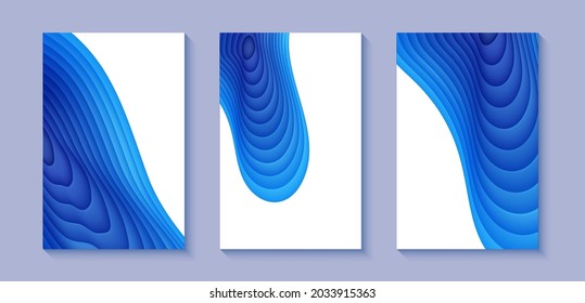 Conjunto de volantes con olas azules en estilo de corte de papel. Colección de tres carteles vacíos de arte en papel para el medio ambiente o el Día Mundial del Agua. Plantilla de afiche publicitario de vectores para el Día de Salvar los Océanos 8 de junio