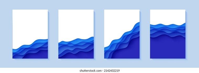Set of flyers with blue waves in paper cut style. Collection of three papercut art empty banners for environment or World Water day. Vector advertising poster template for Save the Oceans day 8 june