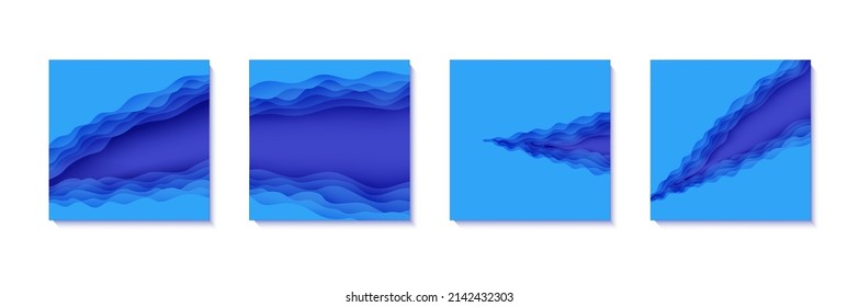 Set of flyers with blue waves in paper cut style. Collection of three papercut art empty banners for environment or World Water day. Vector advertising poster template for Save the Oceans day 8 june