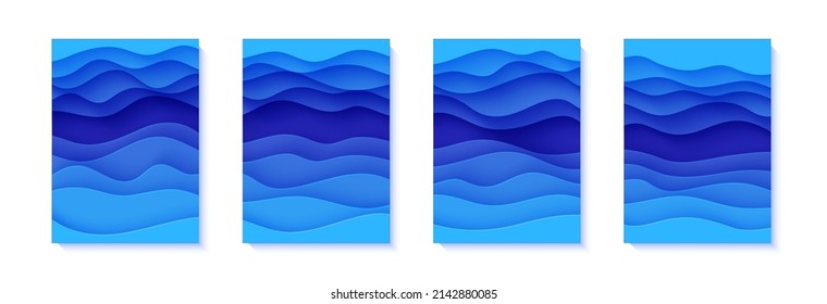 Set of flyers with blue waves in paper cut style. Collection of three papercut art empty banners for environment or World Water day. Vector advertising poster template for Save the Oceans day 8 june