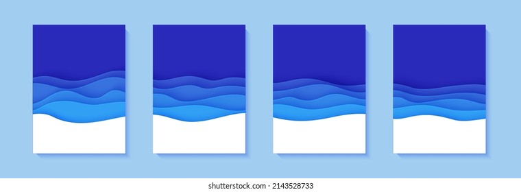 Set of flyers with blue waves in paper cut style. Collection of three papercut art empty banners for environment or World Water day. Vector advertising poster template for Save the Oceans day 8 june