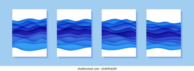 Set of flyers with blue waves in paper cut style. Collection of three papercut art empty banners for environment or World Water day. Vector advertising poster template for Save the Oceans day 8 june