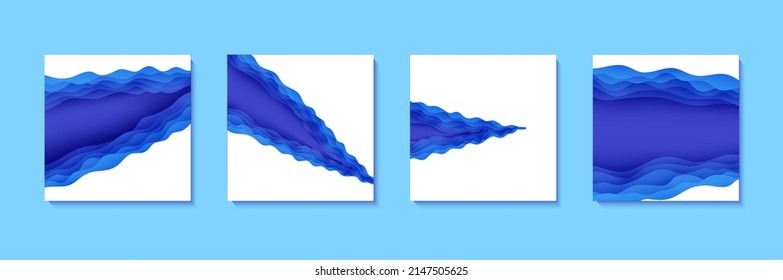 Set of flyers with blue waves in paper cut style. Collection of three papercut art empty banners for environment or World Water day. Vector advertising poster template for Save the Oceans day 8 june