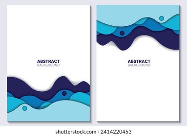 Set of flyers with blue waves in paper cut style background. Collection of three papercut art empty banners for environment or World Water day