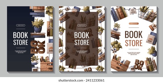 Set of flyers with books, potted plants and wooden word "book". Bookstore, bookshop, book lover, reading, interior concept. Vector illustration for advertising, banner, promo.