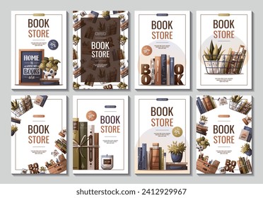 Set of flyers with books, potted plants and wooden word "book". Bookstore, bookshop, book lover, reading, interior concept. Vector illustration for advertising, banner, promo.