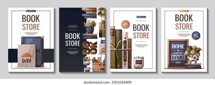 Set of flyers with books, potted plants and wooden word "book". Bookstore, bookshop, book lover, reading, interior concept. Vector illustration for advertising, banner, promo.