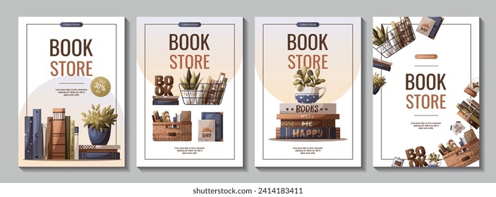 Set of flyers with books, potted plants and wooden word "book". Bookstore, bookshop, book lover, reading, interior concept. Vector illustration for advertising, banner, promo.