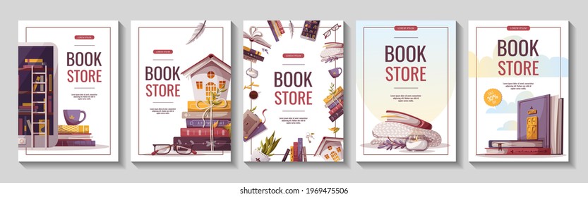 Set of flyers for bookstore, bookshop, library, book lover, e-book, education. A4 vector illustration for poster, banner, advertising, cover. - Shutterstock ID 1969475506