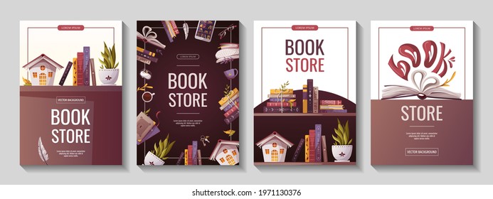 Set of flyers for bookstore, bookshop, library, book lover, e-book, education. A4 vector illustration for poster, banner, advertising, cover.