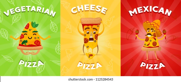 Set of flyers or brochure with different pizza. vegetarian pizza. vegan. cheese pizza. Mexican pizza. cartoon flat style.vector illustration. poster  concept.