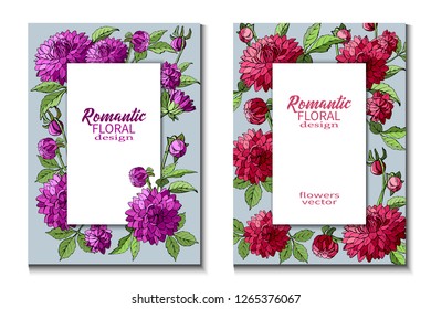 Set of flyers brochures with purple and red dahlias flowers, templates design. Romantic Floral Cards with blue background. Vector illustration