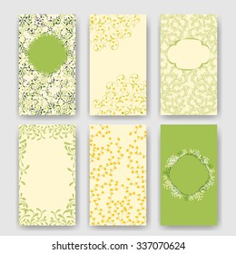 Set of flyers, brochures, retro templates design. Vintage romantic cards. Floral decorations, leaves, flowers patterns ornaments. Spring or summer banners vector eps10. Yellow pale green beige colors.