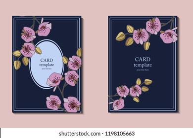 Set of flyers, brochures, templates design. Cards with orchid patterns and ornaments.