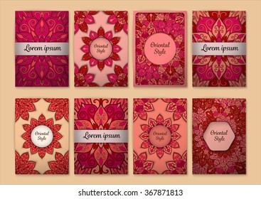 Set of flyers, brochures, templates design. Vintage cards with mandala patterns and ornaments. Floral decorations.  Islam, Arabic, Indian, ottoman motifs. Oriental style