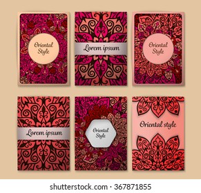 Set of flyers, brochures, templates design. Vintage cards with mandala patterns and ornaments. Floral decorations.  Islam, Arabic, Indian, ottoman motifs. Oriental style