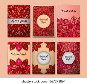 Set of flyers, brochures, templates design. Vintage cards with mandala patterns and ornaments. Floral decorations.  Islam, Arabic, Indian, ottoman motifs. Oriental style