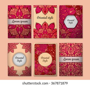 Set of flyers, brochures, templates design. Vintage cards with mandala patterns and ornaments. Floral decorations.  Islam, Arabic, Indian, ottoman motifs. Oriental style