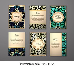 Set of flyers, brochures, templates design. Vintage cards with mandala patterns and ornaments. Floral decorations. Islam, Arabic, Indian, ottoman motifs. Oriental style